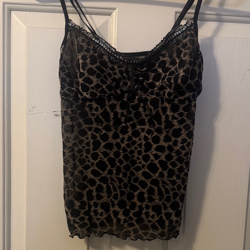 Y2K Leopard Print Satin Cami Top with Sequin Trim